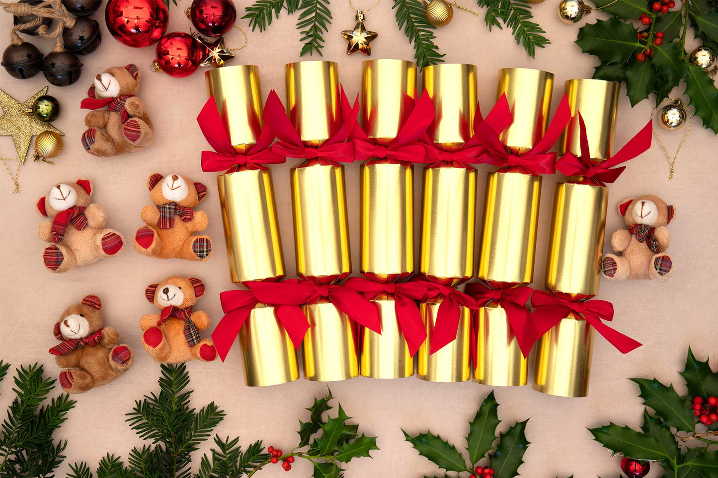 Teddy Bears with Scarfs and Patchwork Paws Christmas Crackers (6 x 13-inch Crackers)