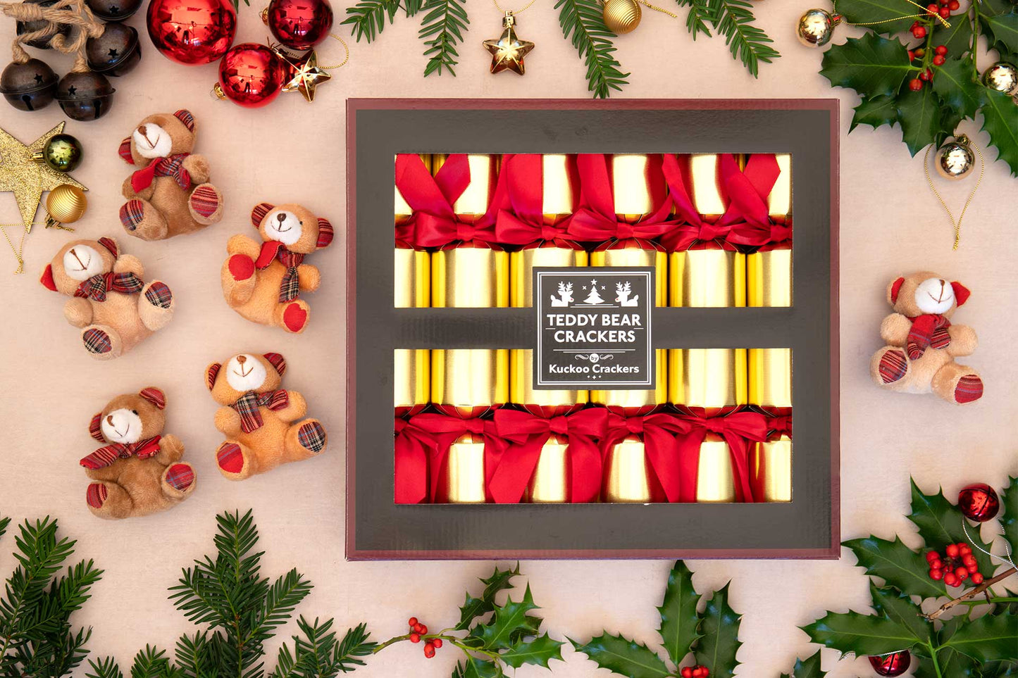 Teddy Bears with Scarfs and Patchwork Paws Christmas Crackers (6 x 13-inch Crackers)